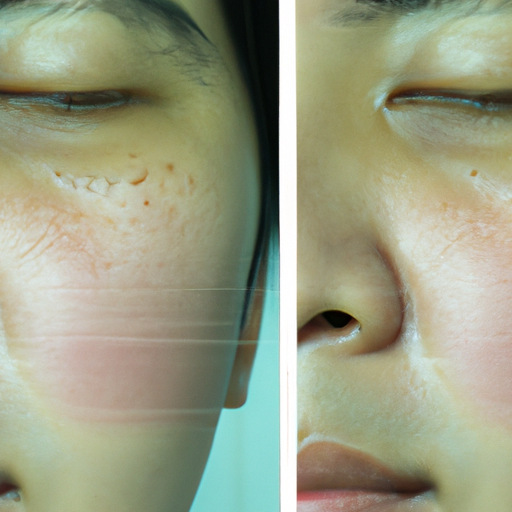 תקריב של פני מטופל לפני ואחרי קבלת טיפול פלזמה לפנים, המראה שיפורים ניכרים במרקם ובגוון העור.