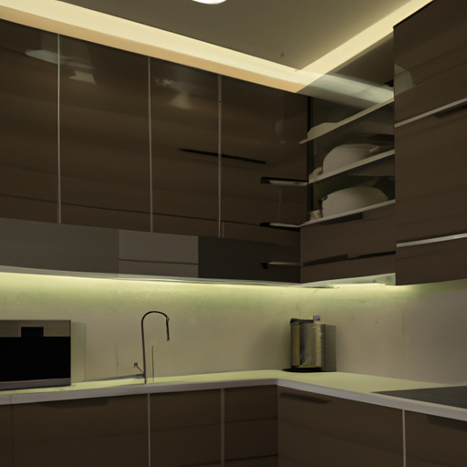 דוגמה למטבח עם תאורה נסתרת המותקנת מתחת לארונות ובתקרה
