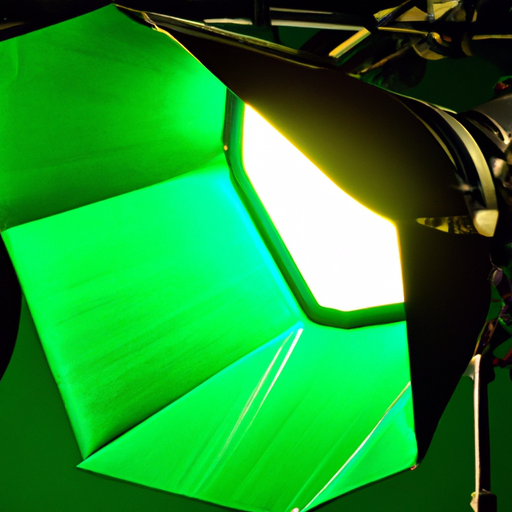 תמונה מפורטת של מערך התאורה המתוחכם באולפן הירוק המסך, המדגישה את חשיבות התאורה בהפקת וידאו.